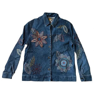Alfred Dunner Embroidered Floral Denim Jean Jacket Size 6P Button Up Medium Wash